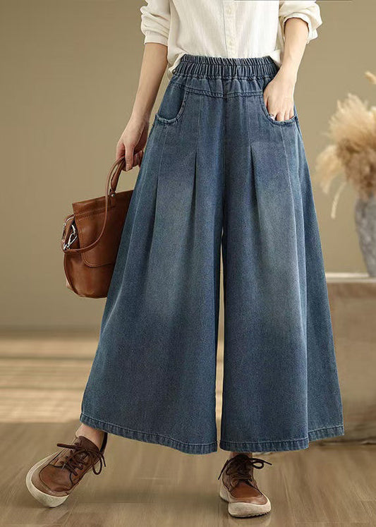 Pantalon d'été large à taille élastique bleu marine en denim froissé unique