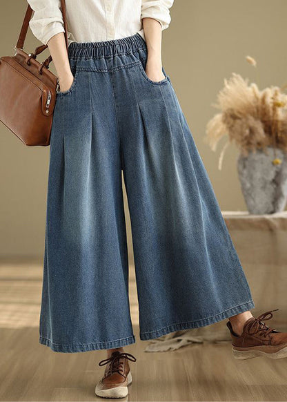 Marineblaue elastische Taille Sommer Bein Weite Hose Einzigartiger Wrinkled Denim