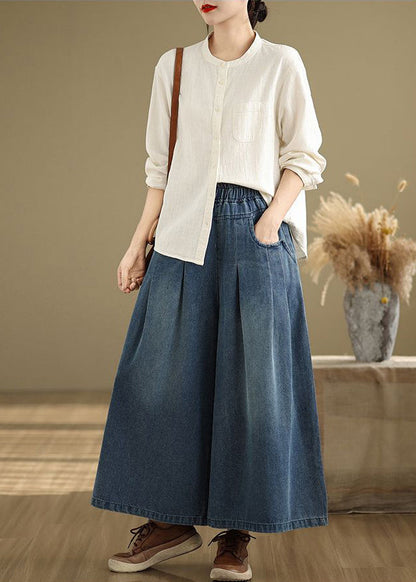 Marineblaue elastische Taille Sommer Bein Weite Hose Einzigartiger Wrinkled Denim