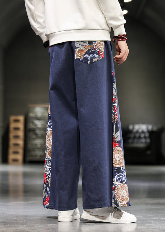 Unique Navy Embroideried Patchwork Cotton Men Wide Leg Pants Summer SA055