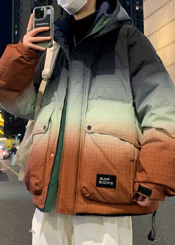 Manteau d'hiver en duvet de canard pour homme, couleur orange dégradé, avec capuche et poches, RM021