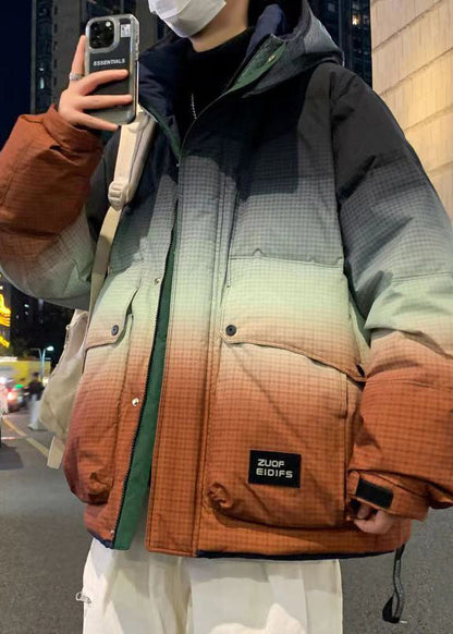 Manteau d'hiver en duvet de canard pour homme, couleur orange dégradé, avec capuche et poches, RM021