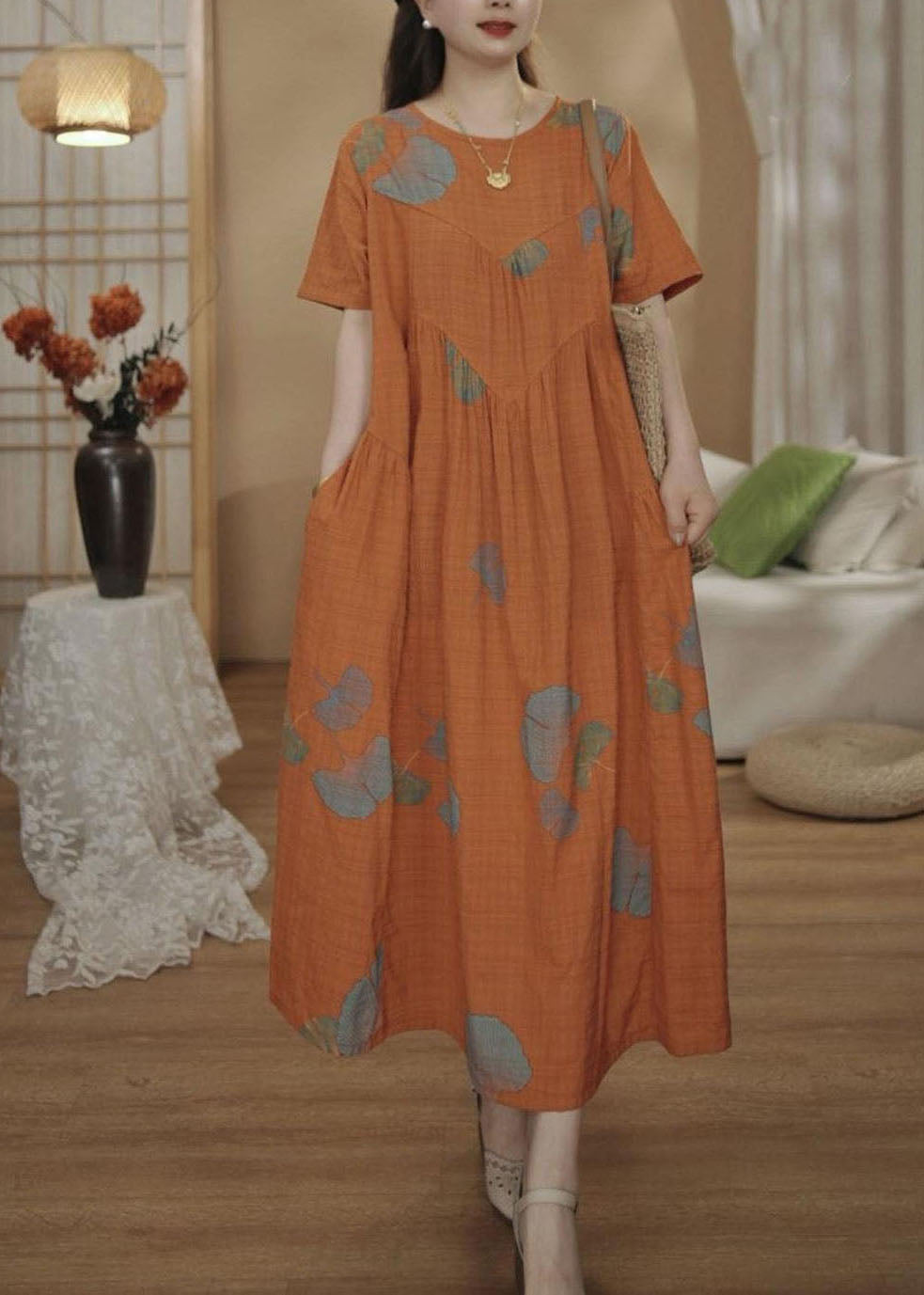 Übergroße Kleider Baumwolle Sommer Druck Maxi Einzigartig Orange
