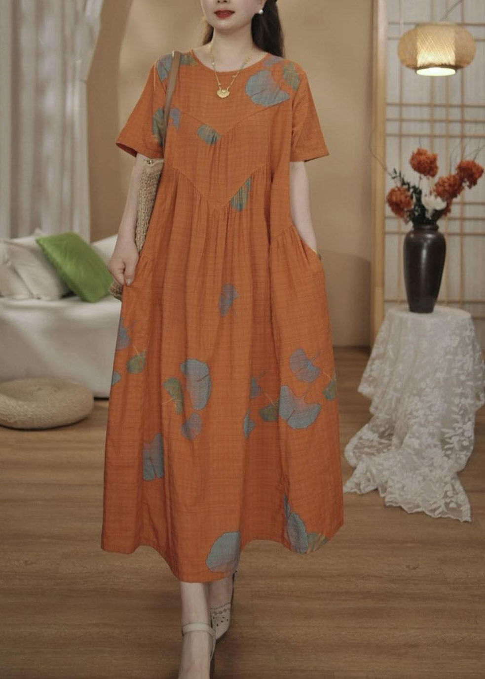Übergroße Kleider Baumwolle Sommer Druck Maxi Einzigartig Orange