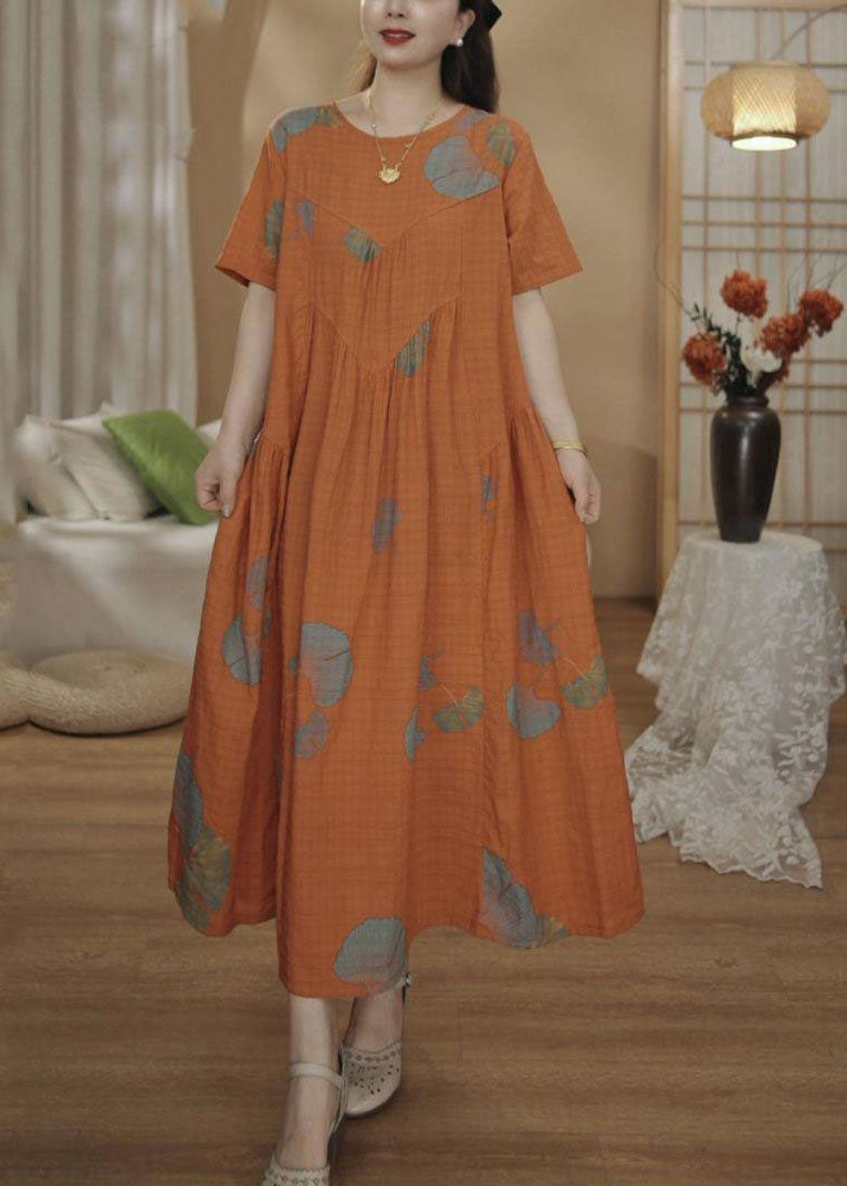 Übergroße Kleider Baumwolle Sommer Druck Maxi Einzigartig Orange