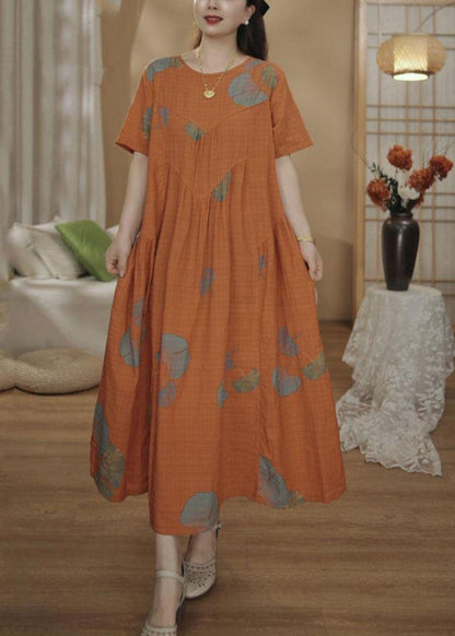 Übergroße Kleider Baumwolle Sommer Druck Maxi Einzigartig Orange