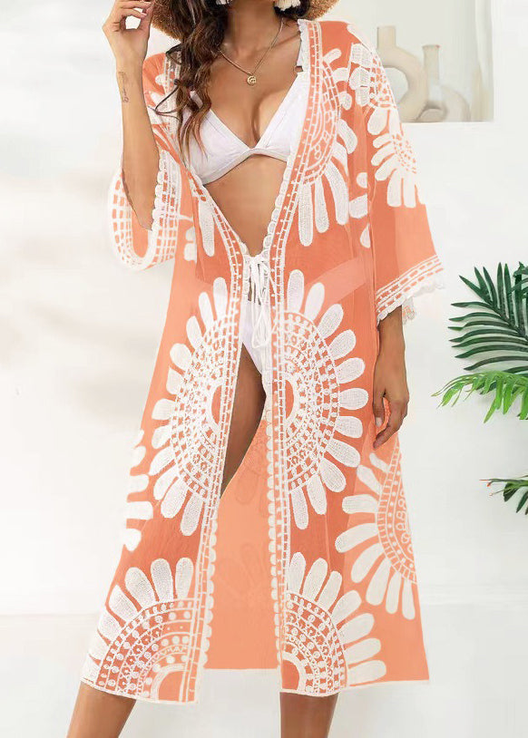 Unique Orange V-Neck Print Lace Patchwork Tulle Swimwear Cardigans VC049