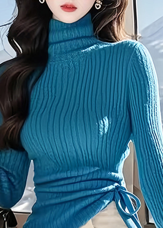 Pull en tricot de coton asymétrique bleu paon unique avec ceinture nouée, printemps TO030