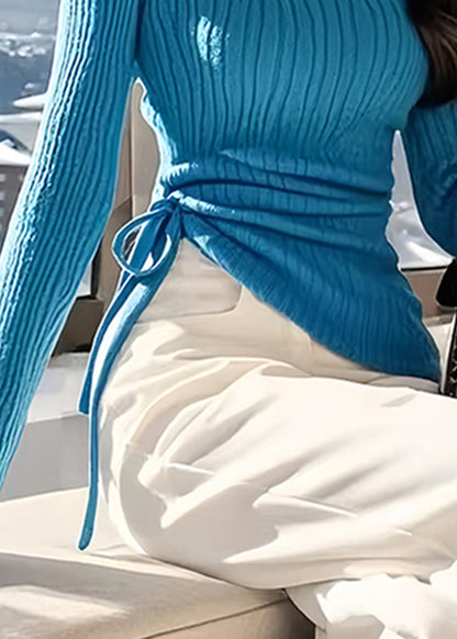 Pull en tricot de coton asymétrique bleu paon unique avec ceinture nouée, printemps TO030