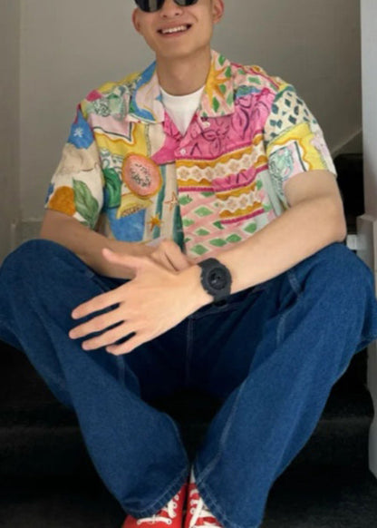 Chemises uniques en coton imprimé Pan pour hommes, col Peter, bouton d'été