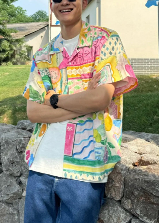 Chemises uniques en coton imprimé Pan pour hommes, col Peter, bouton d'été