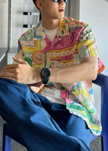 Chemises uniques en coton imprimé Pan pour hommes, col Peter, bouton d'été