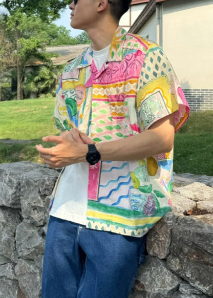 Chemises uniques en coton imprimé Pan pour hommes, col Peter, bouton d'été