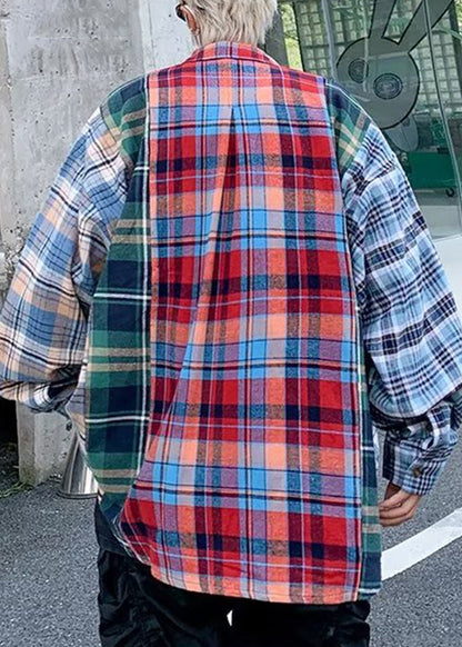 Chemises à carreaux en coton pour hommes, printemps, col Peter unique, patchwork