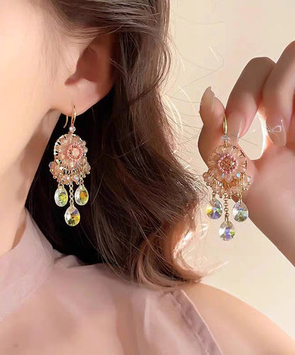 Boucles d'oreilles pendantes uniques en alliage de cuivre rose avec pampilles en cristal QZ013