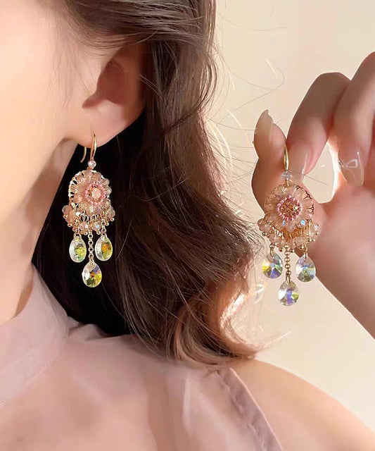 Unique Pink Copper Alloy Crystal Tassel Drop Earrings QZ013