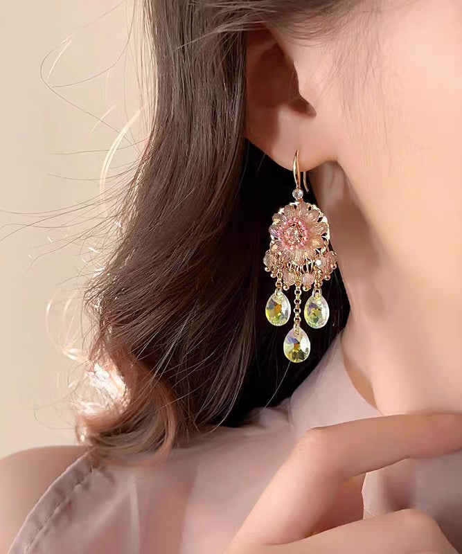 Unique Pink Copper Alloy Crystal Tassel Drop Earrings QZ013