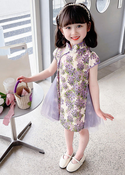 Robe mi-longue à imprimé violet et col montant pour fille, tenue d'été unique GF018