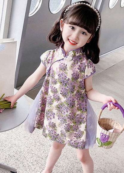 Robe mi-longue à imprimé violet et col montant pour fille, tenue d'été unique GF018