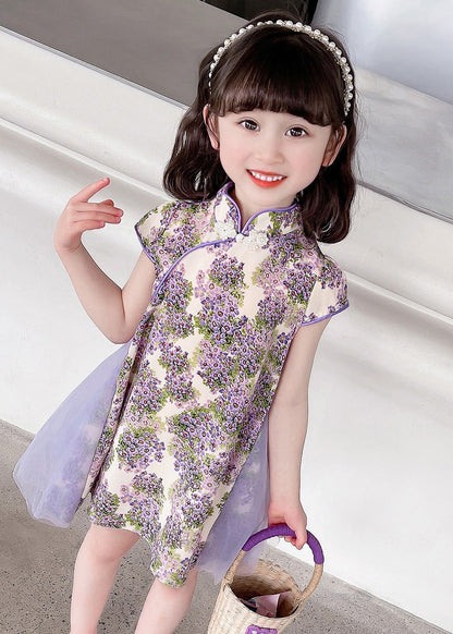 Robe mi-longue à imprimé violet et col montant pour fille, tenue d'été unique GF018