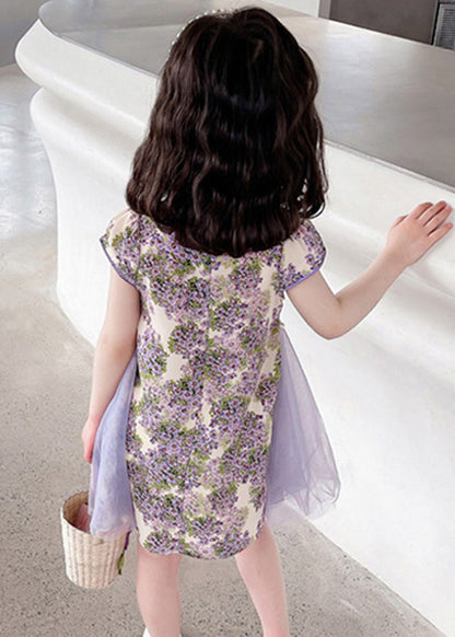 Robe mi-longue à imprimé violet et col montant pour fille, tenue d'été unique GF018