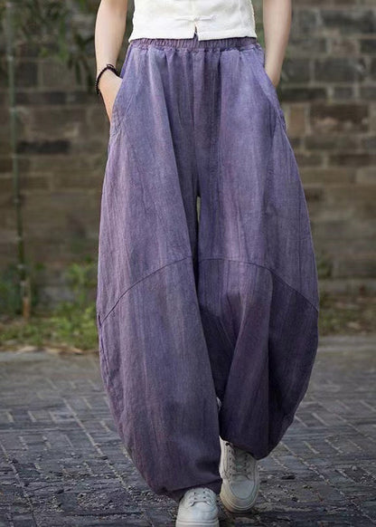 Pantalon en lin à poches tie dye violet unique pour l'été QE052