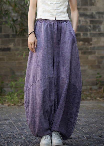 Pantalon en lin à poches tie dye violet unique pour l'été QE052