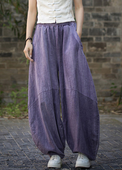 Pantalon en lin à poches tie dye violet unique pour l'été QE052