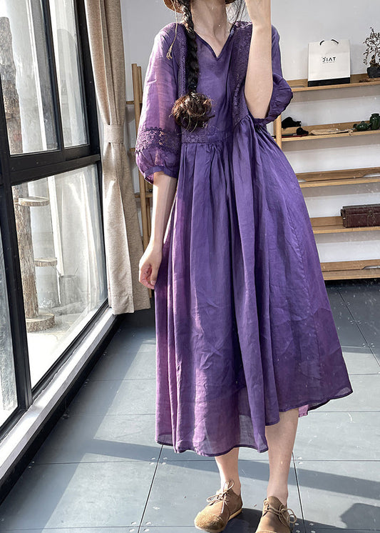 Unique Purple V Neck Lace Pockets Patchwork Cotton Dresses Summer OO038