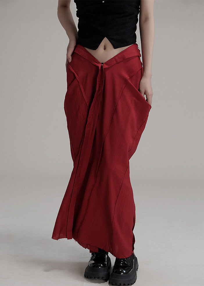 Unique Red Asymmetrical Pockets Cotton Maxi Skirts Summer Ada Fashion