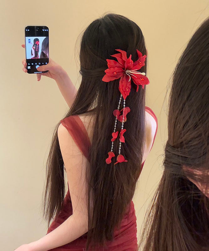 Seed Hairpin Unique Floral Tassel Pearl Red