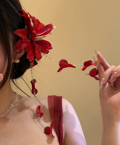 Seed Hairpin Unique Floral Tassel Pearl Red