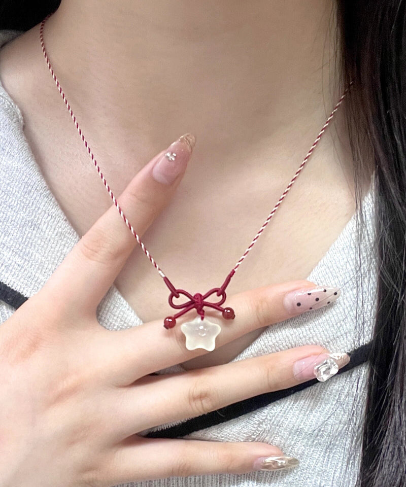 Unique Red Hand Woven Jade Bow Pendant Necklace QZ021