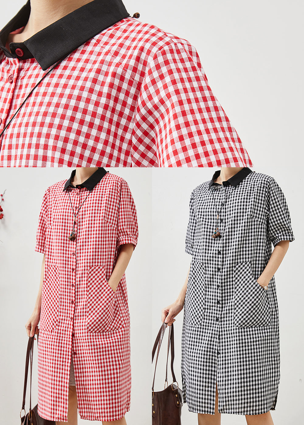 Unique Red Peter Pan Collar Plaid Linen Dresses Summer AP1069