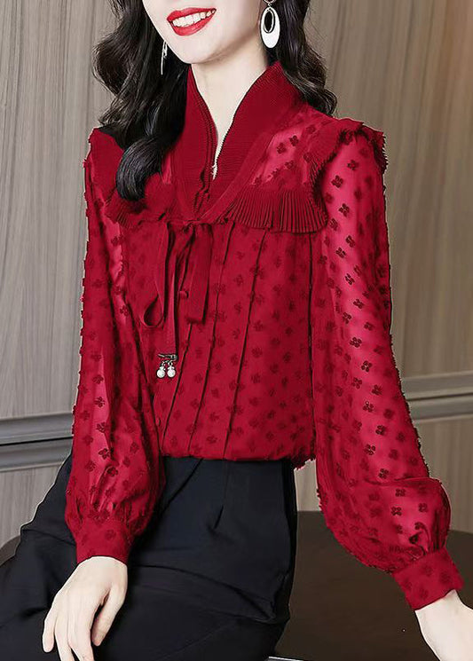 Einzigartige rote Jacquard-Chiffon-Hemden mit Rüschen und Laternenärmeln RL031
