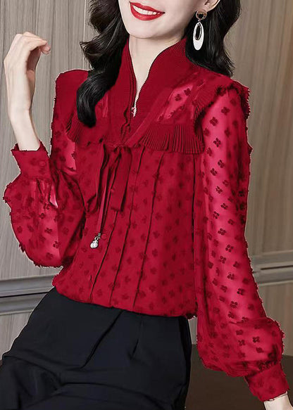 Einzigartige rote Jacquard-Chiffon-Hemden mit Rüschen und Laternenärmeln RL031