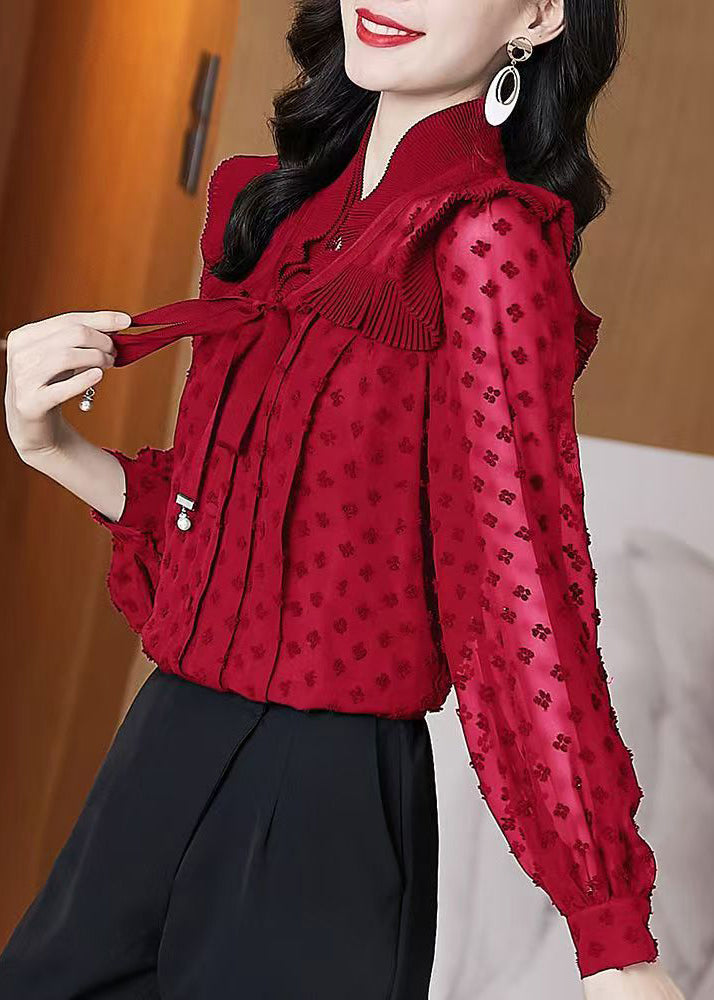 Einzigartige rote Jacquard-Chiffon-Hemden mit Rüschen und Laternenärmeln RL031