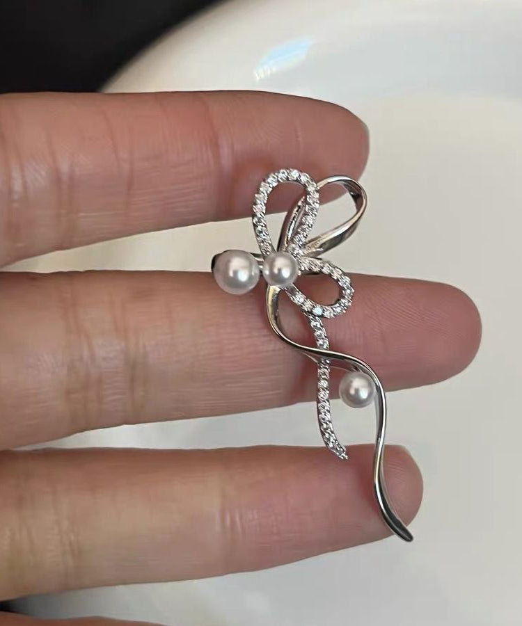 Stud Zircon Unique Ribbon Silk Earrings Pearl Metal Bow