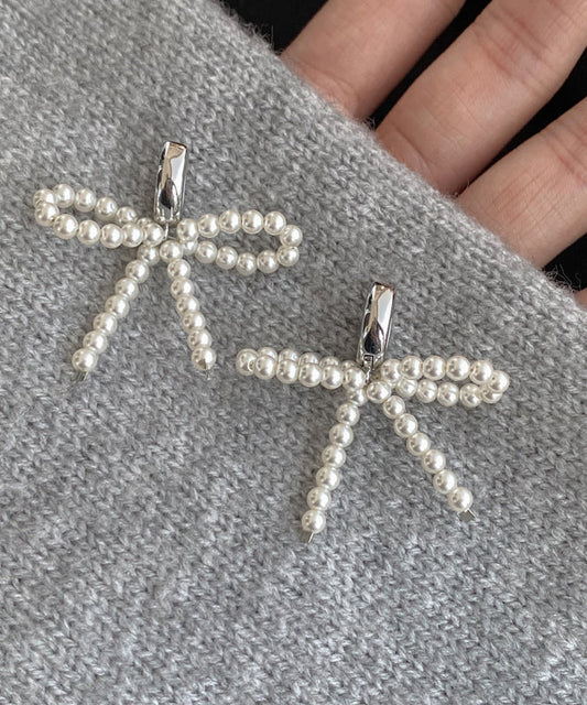 Silver Unique Bow Stud Sterling Beads Silk Earrings
