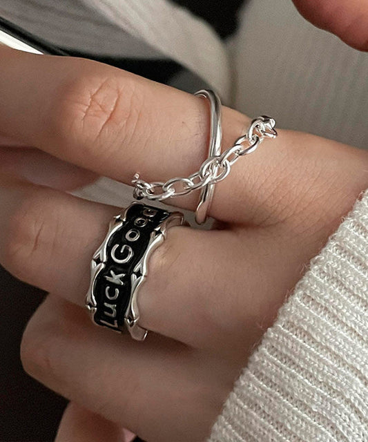 Silk Graphic Two-Piece Rings Set Patchwork Sterling Silver Unique