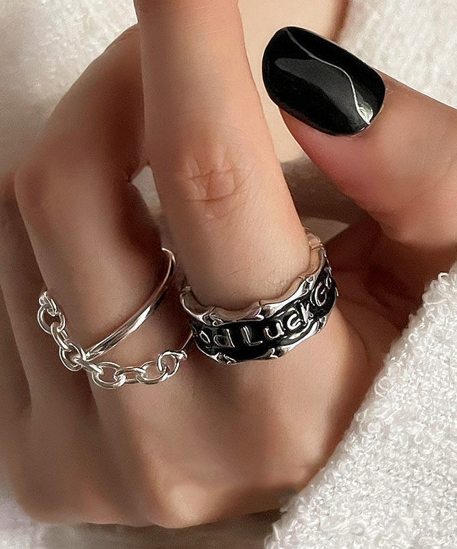 Silk Graphic Two-Piece Rings Set Patchwork Sterling Silver Unique