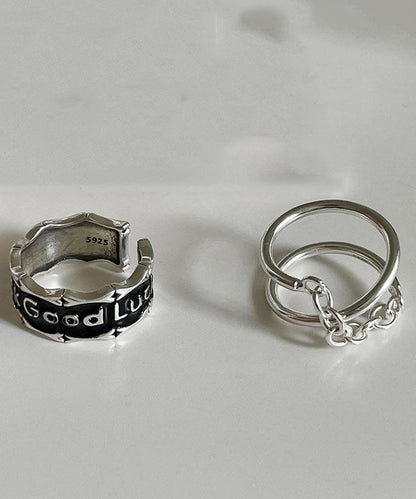 Silk Graphic Two-Piece Rings Set Patchwork Sterling Silver Unique