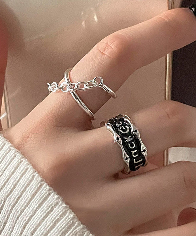 Silk Graphic Two-Piece Rings Set Patchwork Sterling Silver Unique