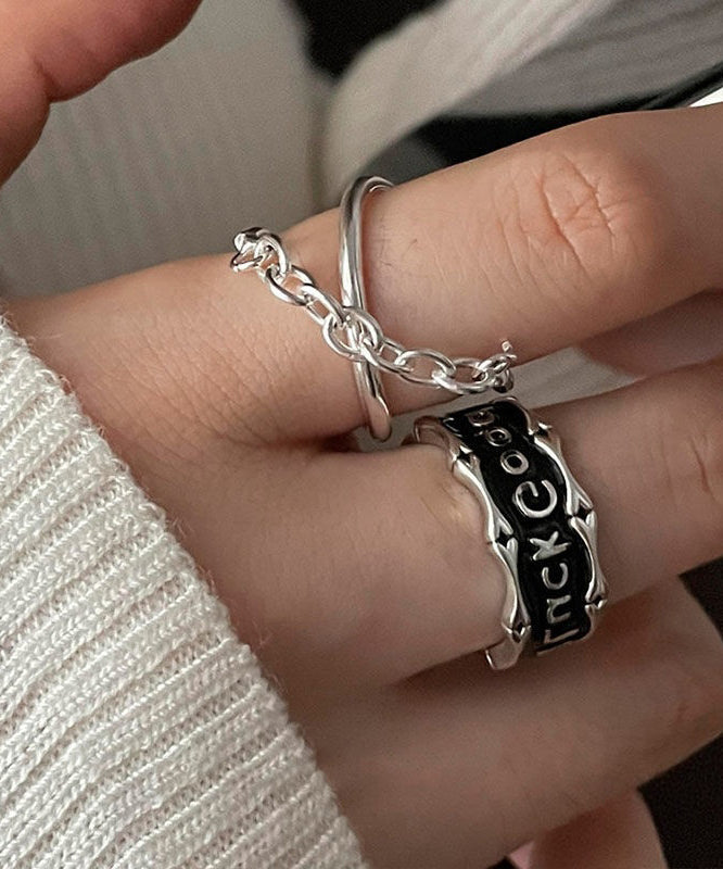 Silk Graphic Two-Piece Rings Set Patchwork Sterling Silver Unique