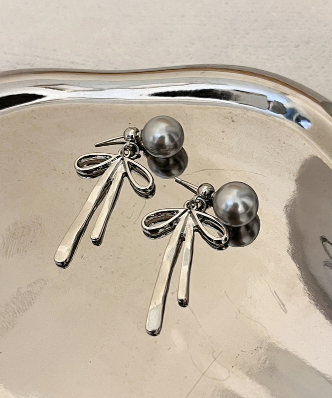 Unique Silk Sterling Silver Metal Pearl Bow Drop Earrings GH1015