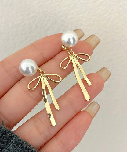 Unique Silk Sterling Silver Metal Pearl Bow Drop Earrings GH1015