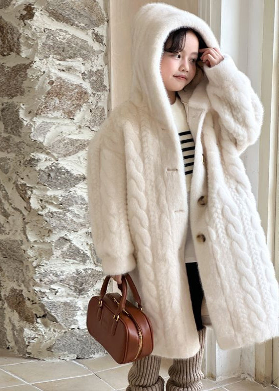Manteau à capuche en velours de vison pour enfant, bouton blanc unique, hiver TG017