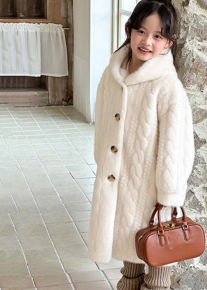 Manteau à capuche en velours de vison pour enfant, bouton blanc unique, hiver TG017