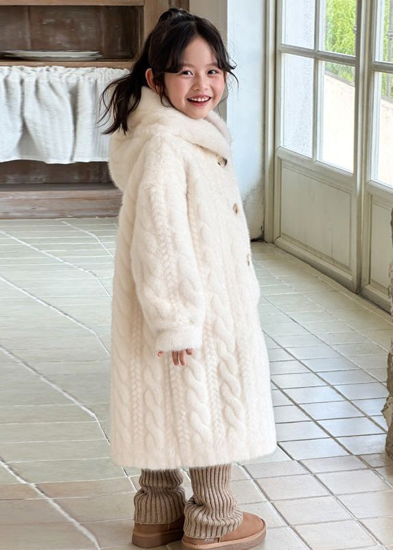 Manteau à capuche en velours de vison pour enfant, bouton blanc unique, hiver TG017