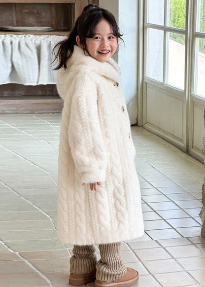Manteau à capuche en velours de vison pour enfant, bouton blanc unique, hiver TG017